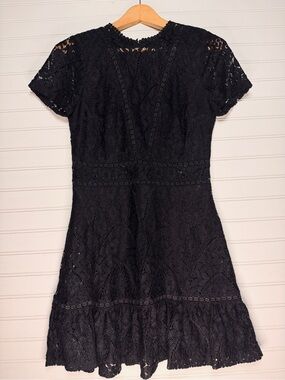 AQUA Black Lace Ruffle Hem Dress XS Bloomingdale's High Neck Cocktail